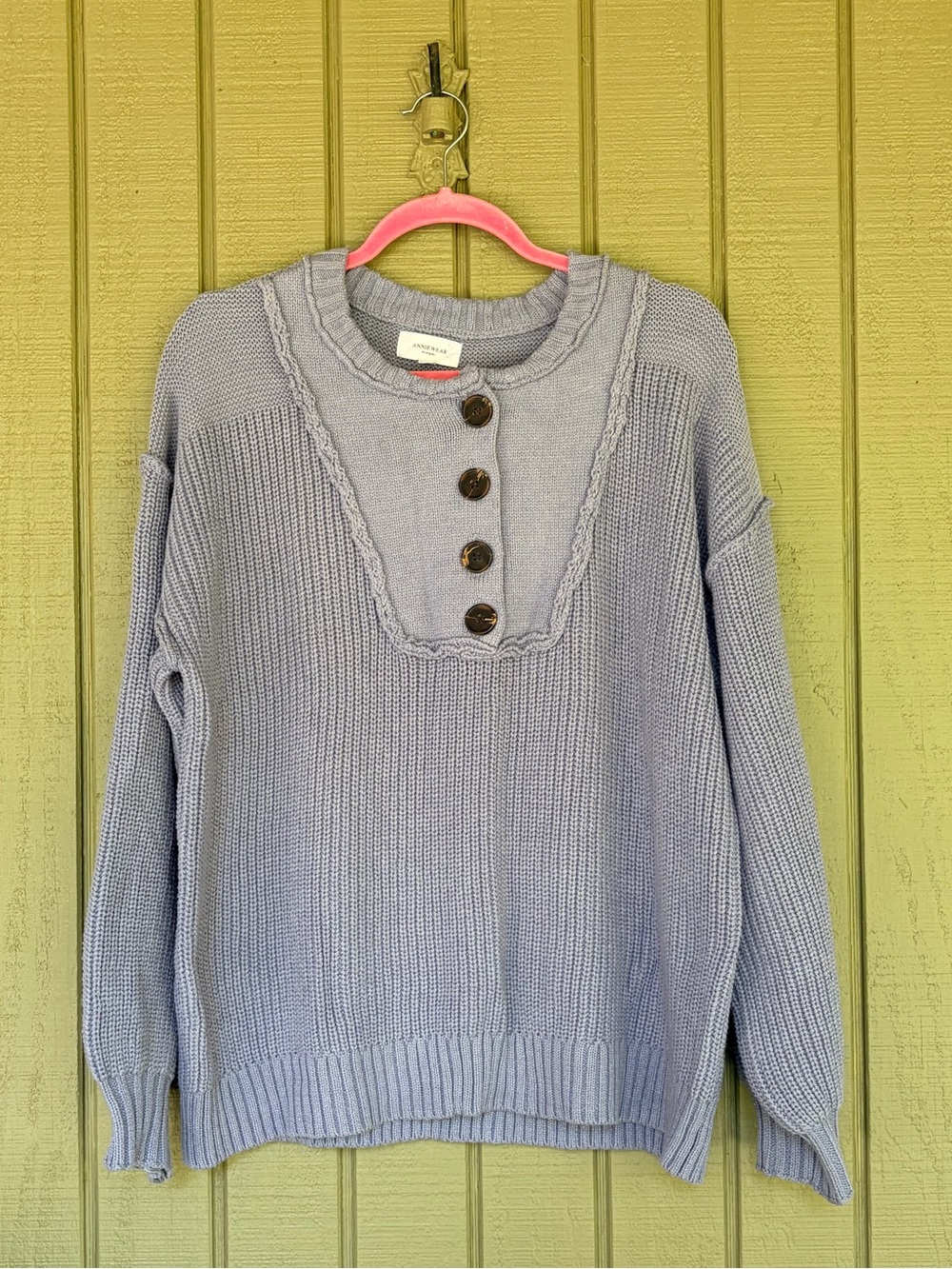 AnnieWear Periwinkle Blue Chunky Heavy Ribbed Knit Henley Sweater S